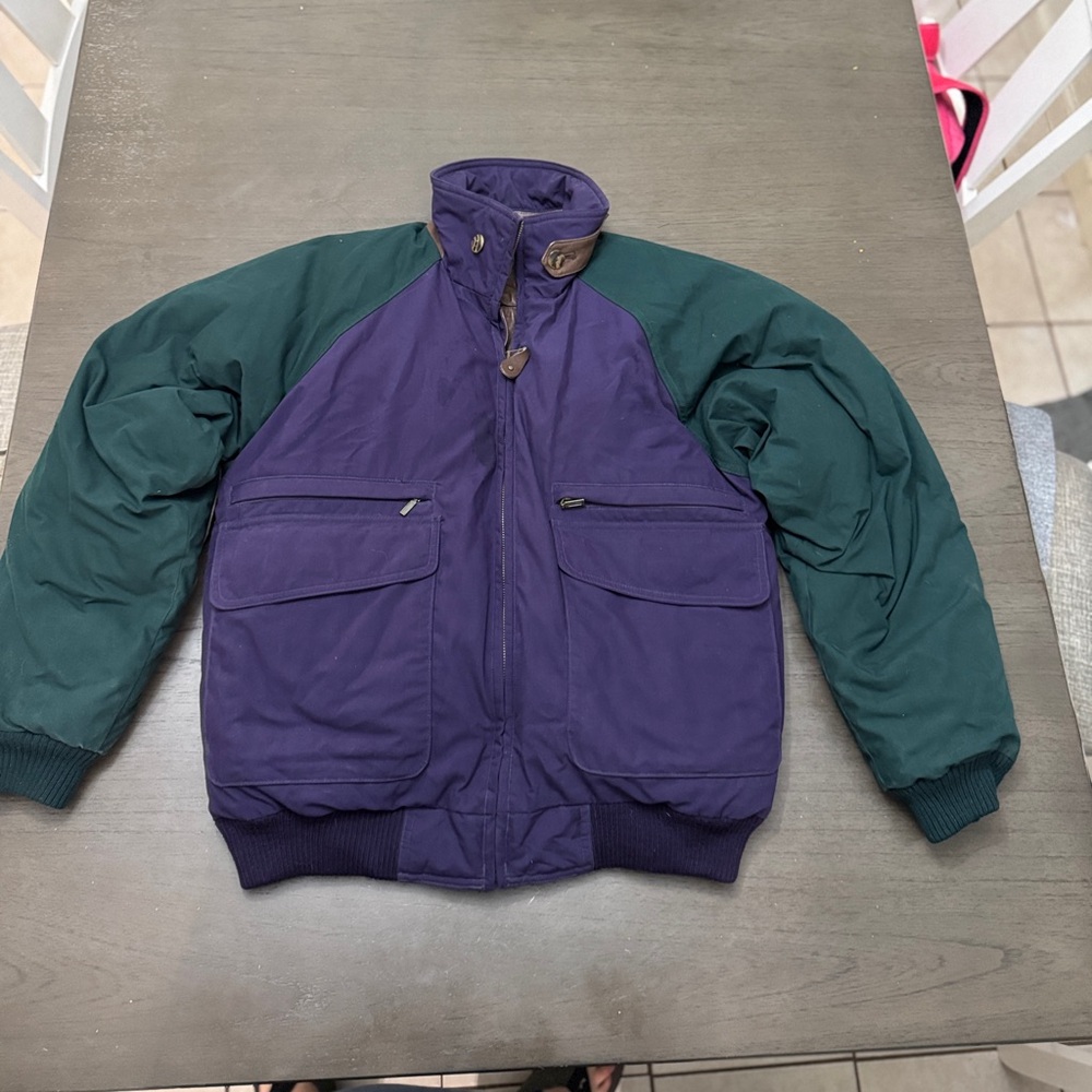 Vintage 90s Eddie Bauer Mens Down Purple Grn
Leather Elbow Patch Puffer Jacket S